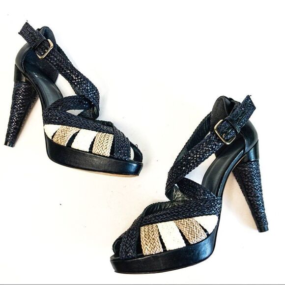Stuart Weitzman Black Bradford Weave Heels Sz 7.5M - Picture 2 of 13